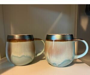 Potter's Corner Reactive Glaze Stoneware Coffee Mugs, Aqua Brown Cream, Two(2)